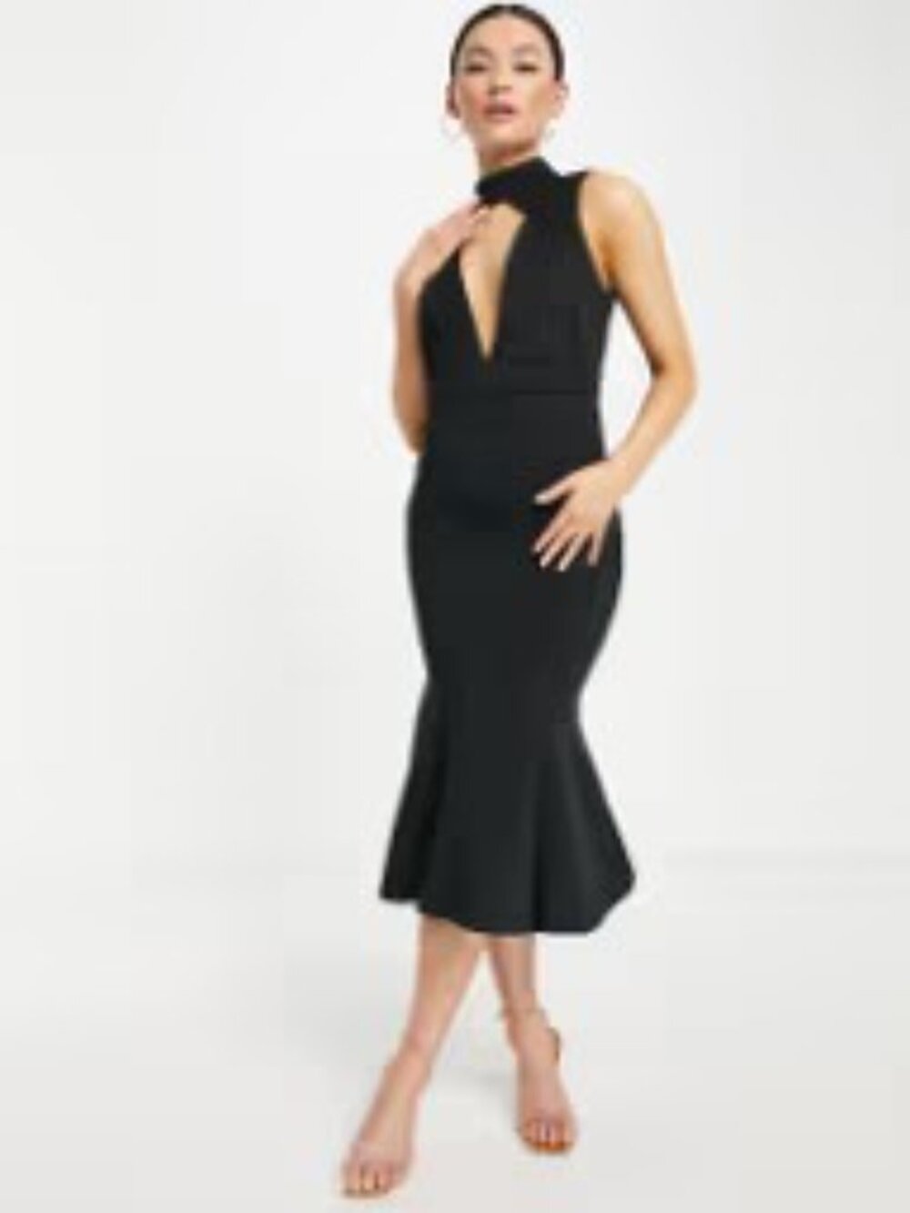 Sleeveless Black Midi Dress with Front Keyhole
